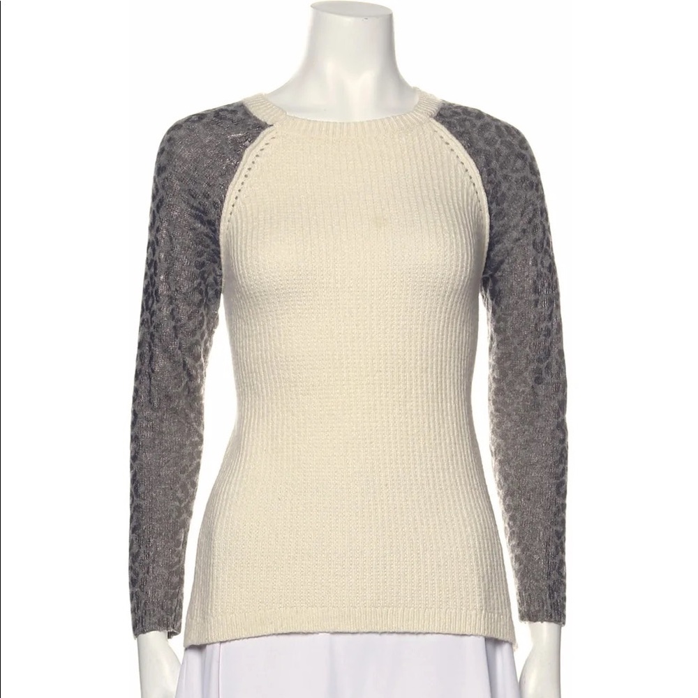 Rebecca Taylor Metallic Leopard-Print Pullover Long Sleeve Wool Sweater